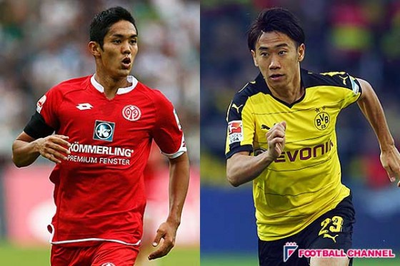 マインツのFW武藤嘉紀（左）とドルトムントのMF香川真司（右）