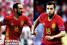 高い位置を取るスペインの両サイドバック、フアンフラン(左)とジョルディ・アルバ(右)【写真:Getty Images】