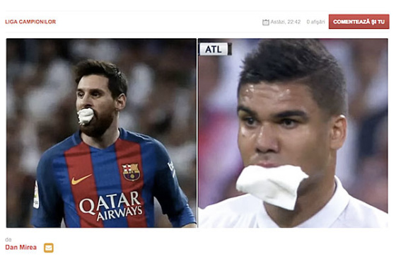 ガーゼを加えるメッシ（左）とカゼミーロ（右）