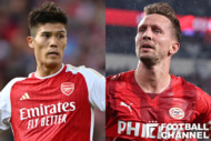 UEFAチャンピオンズリーグ(CL)・グループB第1節、アーセナル対PSV(左:冨安健洋、右:ルーク・デ・ヨング)
