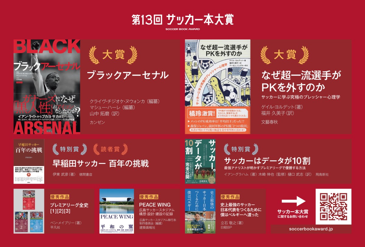 第13回「サッカー本大賞2026」大賞に『ブラックアーセナル』と『なぜ超一流選手がPKを外すのか』が同時受賞